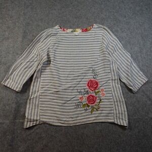 J Jill Top Womens Medium Linen Embroidered Striped Floral Tunic Blouse 3/4 Slv